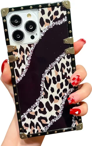 Miniatura 16 de Funda cuadrada de lujo compatible con iPhone 13 Pro Max de 6.7 pulgadas, funda de leopardo brillante, silicona suave y brillante a prueba de golpes