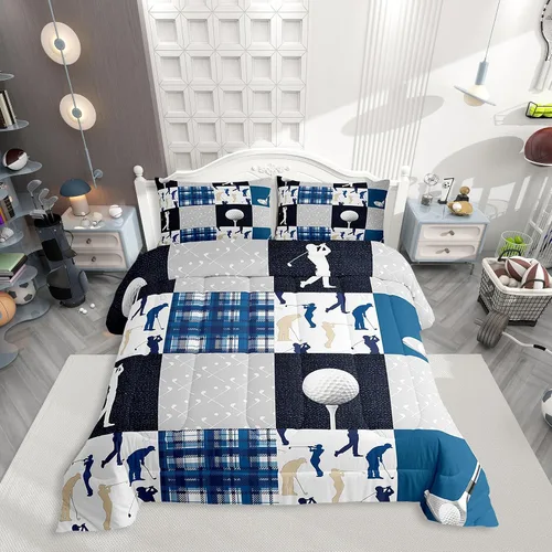 Castle Fairy Juego de edredón de deportes de pelota, tamaño individual, juego de ropa de cama con temática de golf para niños y hombres, juego de