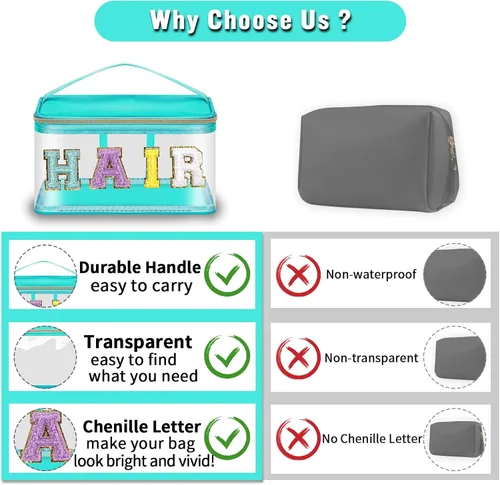 Miniatura 4 de izuzta Bolsas de maquillaje transparentes con letras de chenilla, bolsa de maquillaje de parche preppy con asa