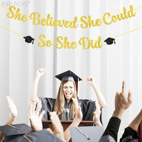 Miniatura 7 de KatchOn, Cartel de She Believed She Could So She Did - Cartel con purpurina de 10 pies, sin bricolaje, pancarta dorada y negra con la frase "You Did