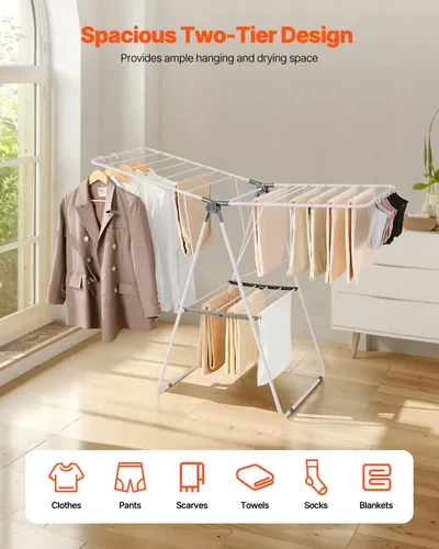 Miniatura 2 de VEVOR Estante de secado de ropa, estante plegable de 2 niveles con clips para calcetines y 21 varillas de secado, estantes de secado ajustables