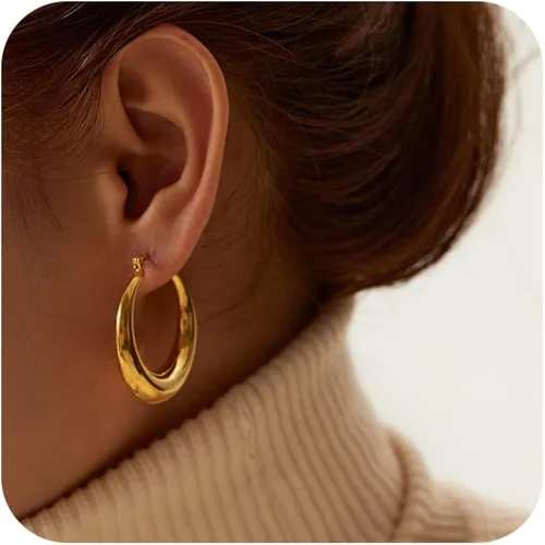 Awvialy Aretes de aro gruesos de oro para mujer, chapados en oro de 14 quilates, minimalistas, aretes de aro de oro delicados, hipoalergénicos,