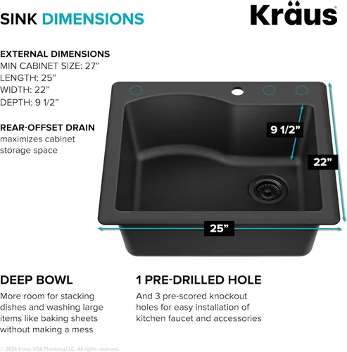 Miniatura 4 de KRAUS Quarza - Fregadero de cocina de granito de instalación empotrada/sobre encimera de un solo seno, 25 pulgadas, color negro, KGD-441BLACK