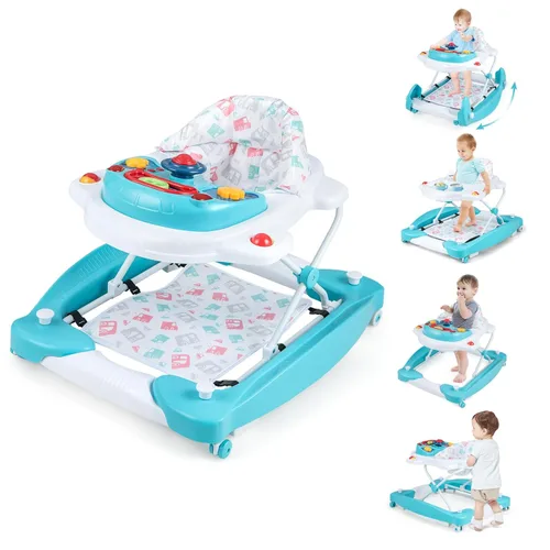 BABY JOY Andador de bebé 6 en 1, andador plegable con ruedas, altura ajustable, música, luces, modo gorila y balancín, andadores de bebé para niños