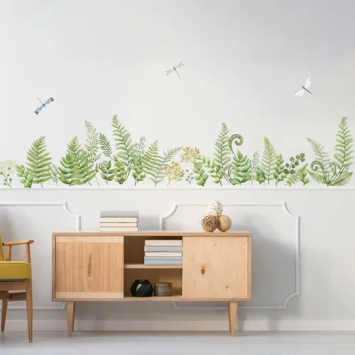 Miniatura 4 de decalmile Calcomanías de esquina de pared con plantas de helecho verde, hojas tropicales, base de libélula y línea de zócalo, pegatinas de pared