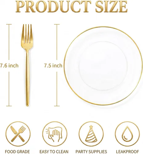 Miniatura 2 de Rubtlamp 200 piezas de platos de postre dorados transparentes con tenedores de plástico dorados, 100 piezas de platos de 7.5 pulgadas para Claro
