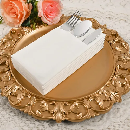 Miniatura 5 de Servilletas desechables de color blanco, paquete de 100 servilletas de papel de tacto de lino con bolsillo integrado para cubiertos, tela preplegada
