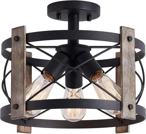 Bargeni Lámpara de techo de montaje empotrado, lámpara de techo rústica de 13 pulgadas, acabado negro mate, lámparas de granja de 3 luces para sala