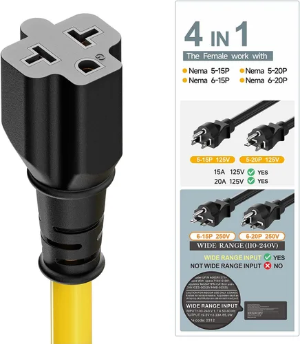 Miniatura 5 de [4 en 1] Cable adaptador de CA para el hogar de 12 AWG de 15 amperios a hoja T de 20 amperios, NEMA 5-15P a 5-15R/ 5-20R/ 6-15R/ 6-20R, adaptador