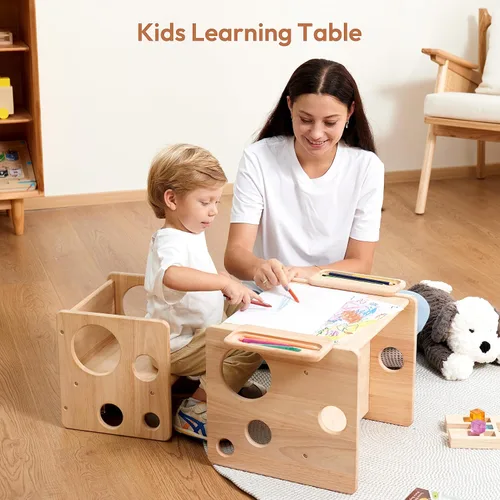 Miniatura 7 de Woodtoe Montessori - Juego de mesa y silla de destete, mesa y silla ajustable para niños pequeños, mesa de actividades de madera maciza, ideal