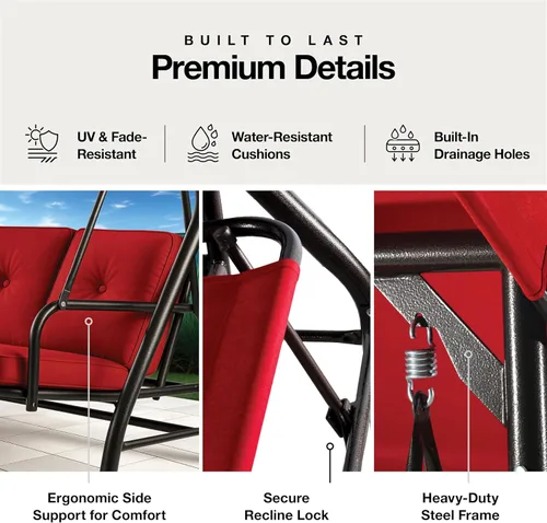 Miniatura 8 de Columpio para porche, columpio de 3 asientos para patio al aire libre con toldo para adultos, cama deslizante convertible, cojines gruesos