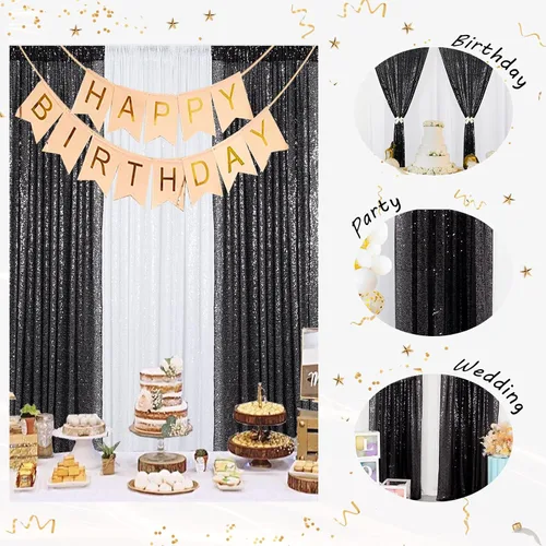 Miniatura 4 de ShinyBeauty Cortinas de Telón de Fondo con Lentejuelas 4x10 pies Negro Cortinas de Lentejuelas 2 Paneles Telones de Fondo para Bodas Telón de Fondo
