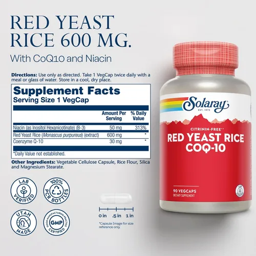 Miniatura 2 de SOLARAY Arroz de levadura roja Plus CoQ-10 y vitamina B-3 de niacina sin enjuague, apoyo cardíaco saludable y cardiovascular, no irradiado y sin