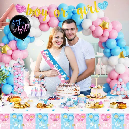 Miniatura 5 de Hombae - 170 piezas de decoraciones para revelación de género “cajas de bebé”, con fondo, guirnalda de globos, pancarta, mantel