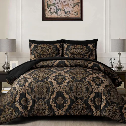 Miniatura 19 de WONGS BEDDING - Juego de edredón negro tamaño full, textura damasco dorado, juego de 7 piezas en una bolsa, de microfibra - 1 edredón, 1 sábana