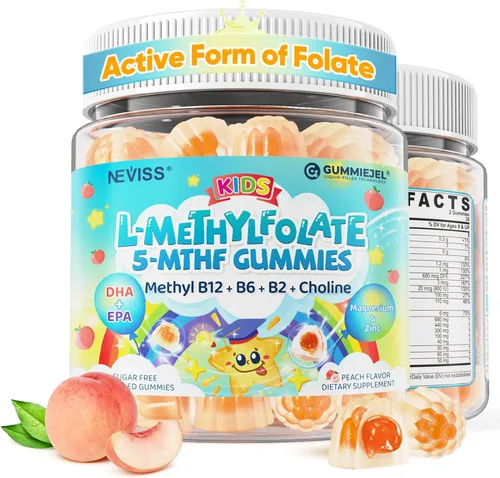 Gomitas de L-metilfolato para niños, activo 5-MTHF + metilo B12, vitamina B6, B2, colina, Omega 3 DHA y EPA, multivitamínico metilado, suplemento