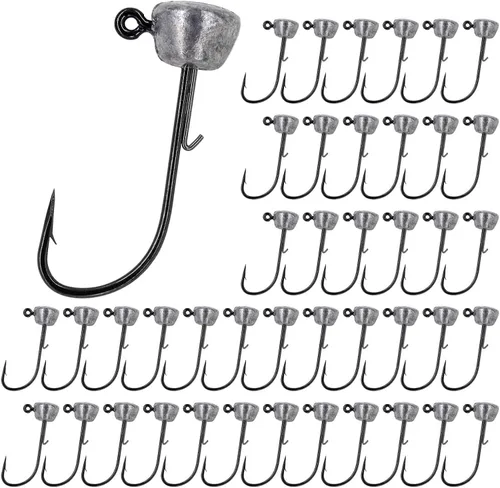 Ned Rig - Ganchos de pesca con cabeza de jig, paquete de 50 cebos Ned Rig para pesca de lubina, ganchos de cabeza de plantilla para señuelos suaves
