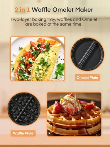 Miniatura 2 de FOHERE Máquina de tortilla y wafflera 2 en 1, máquina para hacer gofres de tortilla de 1400 W, giro de 180°, control de tostado ajustable, sartenes
