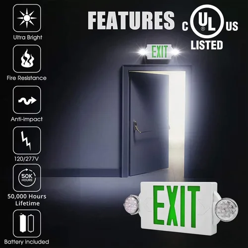 Miniatura 4 de Combo de luz LED de emergencia y señal de salida, letrero de salida verde, certificado UL, lámparas ajustables con batería de respaldo para negocios