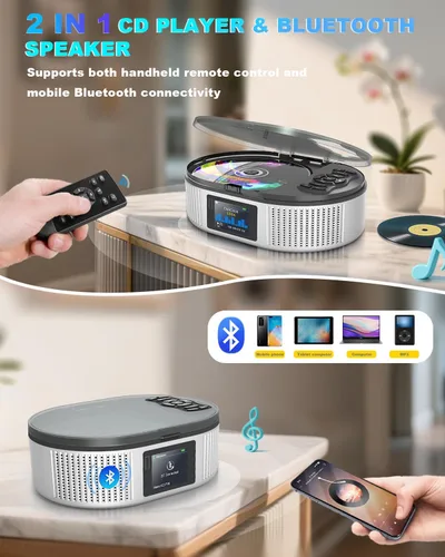 Miniatura 2 de Reproductor de CD portátil con altavoces estéreo duales, Boombox recargable de 4000mAh de escritorio Bluetooth 5.3 para el hogar y el automóvil