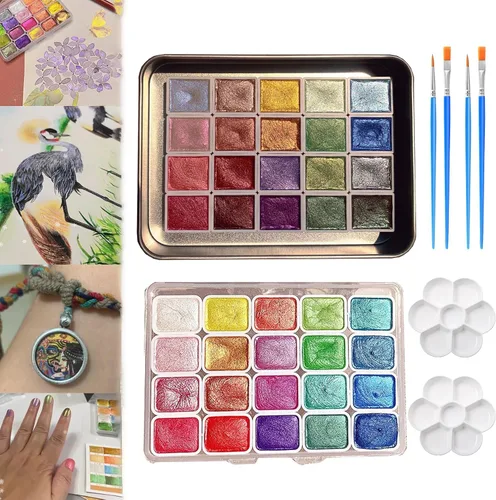 Juego de pintura de acuarela de 20 colores, juego de pintura de acuarela metálica, pintura de acuarela nacarada, pintura de acuarela con purpurina,