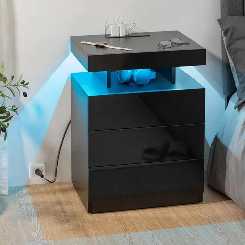 Miniatura 6 de HOMMPA Mesita de noche negra con estación de carga inalámbrica, mesita de noche de alto brillo con 3 cajones, mesa auxiliar con carga USB tipo C