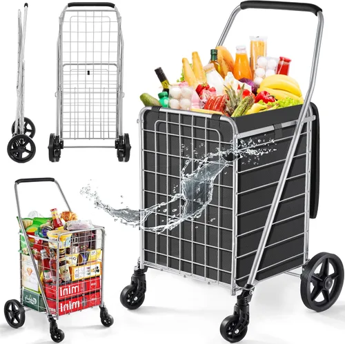 Miniatura 12 de Wellmax Carrito de comestibles plegable con ruedas, carrito utilitario de metal resistente con parte inferior de malla, cesta trasera adicional