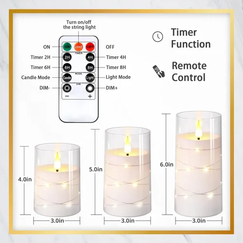 Miniatura 6 de NURADA Velas parpadeantes sin llama: luces de cadena de estrella incorporadas, velas LED de mecha 3D acrílicas que funcionan con pilas, con control
