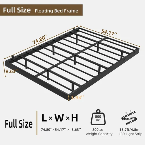 Miniatura 2 de Base de cama flotante de tamaño matrimonial con luces LED y estación de carga, marco de cama de plataforma de metal sintético negro, fácil montaje