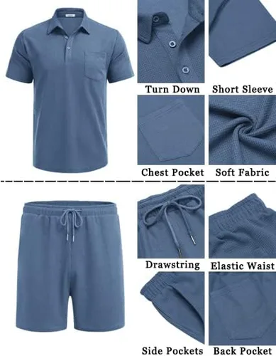 Miniatura 5 de COOFANDY - Conjunto de polo y pantalones cortos de punto acanalado para hombre, 2 piezas, atuendo de verano, traje casual deportivo con bolsillos