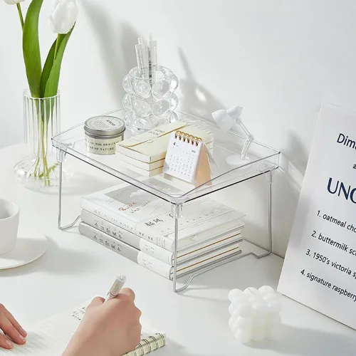 Miniatura 6 de Estantes acrílicos plegables transparentes para gabinete, organizador de almacenamiento, estante apilable para encimera, estante apilable