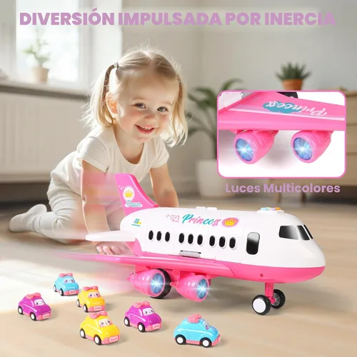 Miniatura 5 de Dwi Dowellin Juguete de avión rosa con 6 camiones y tapete de juego, avión con luces y sonidos para niños y niñas de 3, 4, 5, 6, 7 años