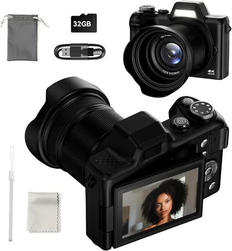 Miniatura 5 de Cámara digital, FHD 4K Cámara digital de apuntar y disparar con zoom de 16X antivibración, cámara pequeña compacta de 48 MP con tarjeta de 32 GB