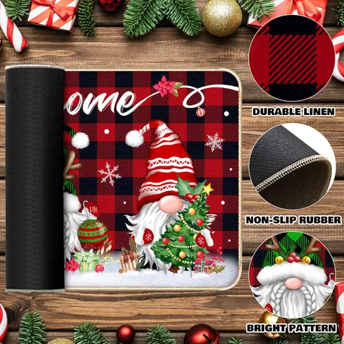 Miniatura 4 de TREWAVE Tapete Decorativo de Bienvenida Navideño Tapete de Puerta con Gnomo Navideño Base Antideslizante de Goma Tapete de Piso Estacional
