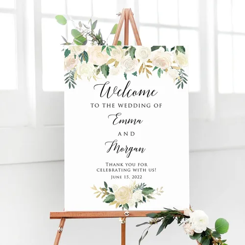 Miniatura 22 de Cartel de bienvenida de boda floral azul claro personalizado, cena de ensayo para parejas, ducha, aniversario, fiesta, póster de bienvenida, lienzo