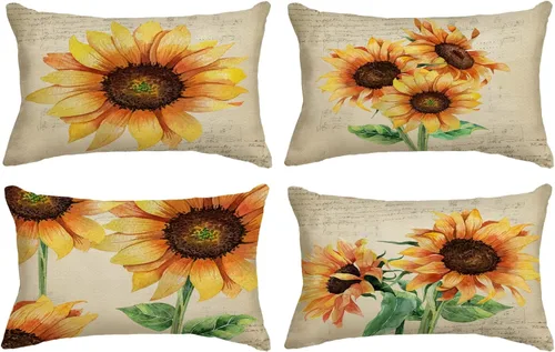 Miniatura 12 de Juego de 4 fundas de almohada decorativas de girasol de 12 x 12 pulgadas, fundas de almohada cuadradas de lino, fundas de almohada cuadradas de lino