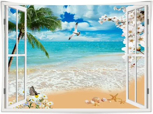 Miniatura 13 de HVEST Tapiz de playa para colgar en la pared, paisaje tropical azul océano, tapiz natural para dormitorio, palmera verde con cielo azul, nube