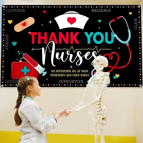 Miniatura 5 de Tudomro Decoración de fiesta de enfermera, pancarta de fondo con temática de enfermería, ideal para el día del médico, fiesta de graduación de Negro