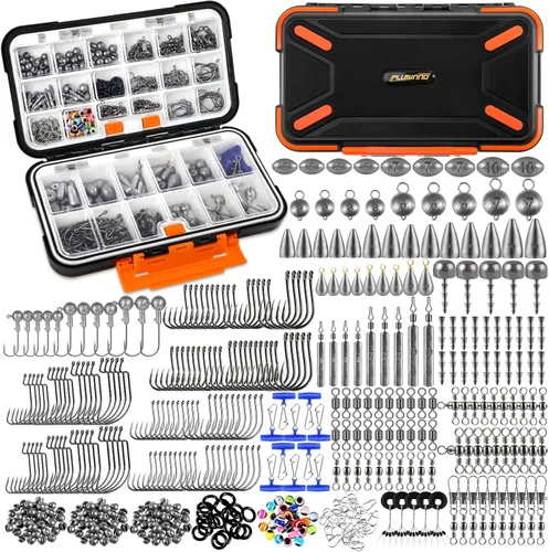PLUSINNO Kit de accesorios de pesca de 264/397 piezas, caja de aparejos de pesca organizada con aparejos incluidos, anzuelos de pesca, plomos de Kit
