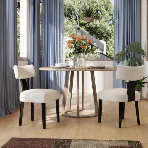 Juego de 2 sillas de comedor de madera negra, sillas tapizadas de lino beige para cocina y comedor con respaldo medio, sillas laterales modernas de