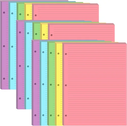 Miniatura 7 de Papel rayado colorido de 3 agujeros, 100 hojas/200 páginas, recambios de líneas de papel de hojas sueltas, 20 hojas por color, 8.5 x 11 pulgadas