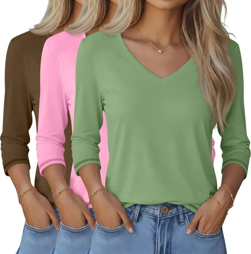 Ficerd Paquete de 3 camisetas de manga 3/4 para mujer, cuello en V, blusas holgadas, blusas casuales, ropa de moda 2026