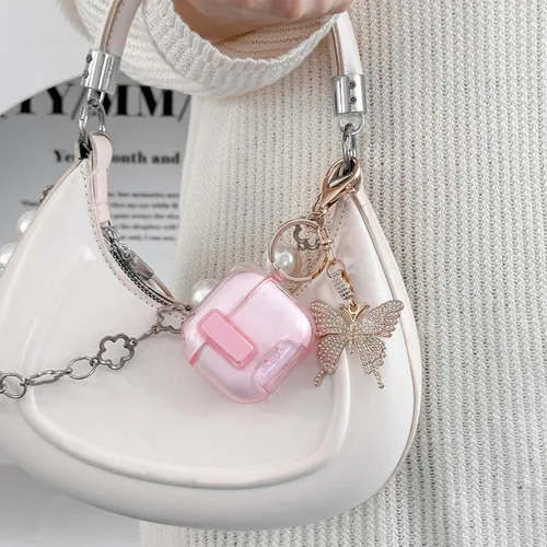 Miniatura 6 de Bonita funda rosa para Airpods de 4 generación con cerradura y llavero de mariposa brillante para mujeres femeninas, funda rígida transparente única