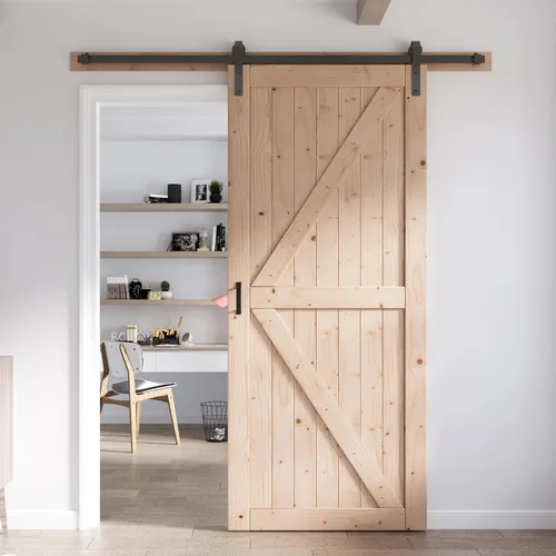 Miniatura 33 de FREDBECK - Puerta de granero de madera de 48 x 84 pulgadas con kit de herrajes para puerta de granero de 8 pies incluido, forma K, panel de abeto