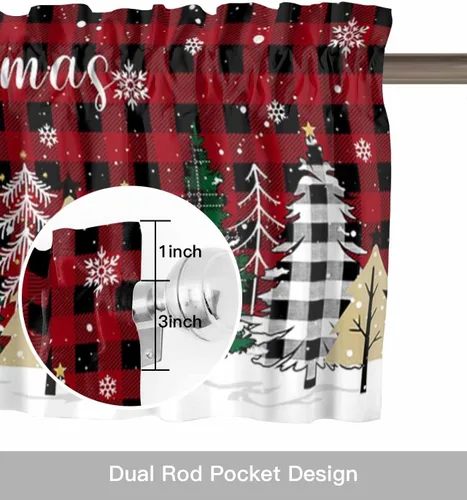 Miniatura 6 de Cenefa de Navidad para Ventanas Cortinas de Árbol de Navidad Alegre Cenefas con Bolsillo para Barra Cenefa Tratamientos para Ventanas Cuadros Árbol