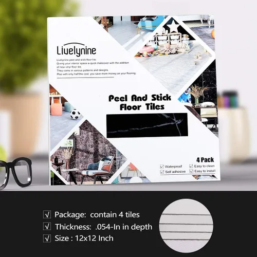 Miniatura 7 de Livelynine Azulejos de suelo de despegar y pegar, paquete de 32 unidades de 12 x 12 pulgadas, suelos de vinilo de mármol blanco y negro para cocina