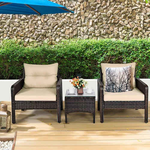 Miniatura 2 de KOTEK Juego de muebles de patio de 3 piezas, juego de muebles de mimbre para exteriores con 4 cojines, juego de muebles de ratán PE para todo tipo