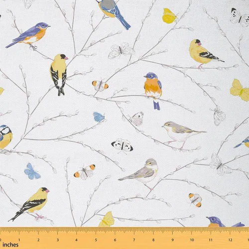 Miniatura 29 de The Yard - Tela de pájaros de acuarela por yarda, ramas dibujadas a mano, pájaros, franela suave de poliéster no elástico, tela decorativa