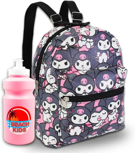 Kuromi - Juego de mini mochila para niños, mochila Kuromi de piel sintética de 10 pulgadas con bolsillo frontal y botella de agua, paquete de