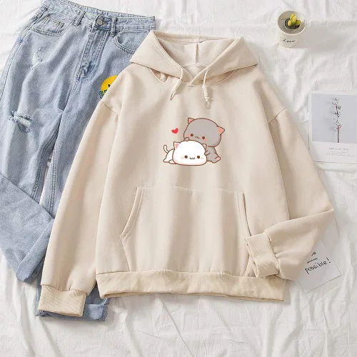 Miniatura 2 de Sudadera con capucha de algodón casual con diseño de gato de dibujos animados Kawaii para mujer